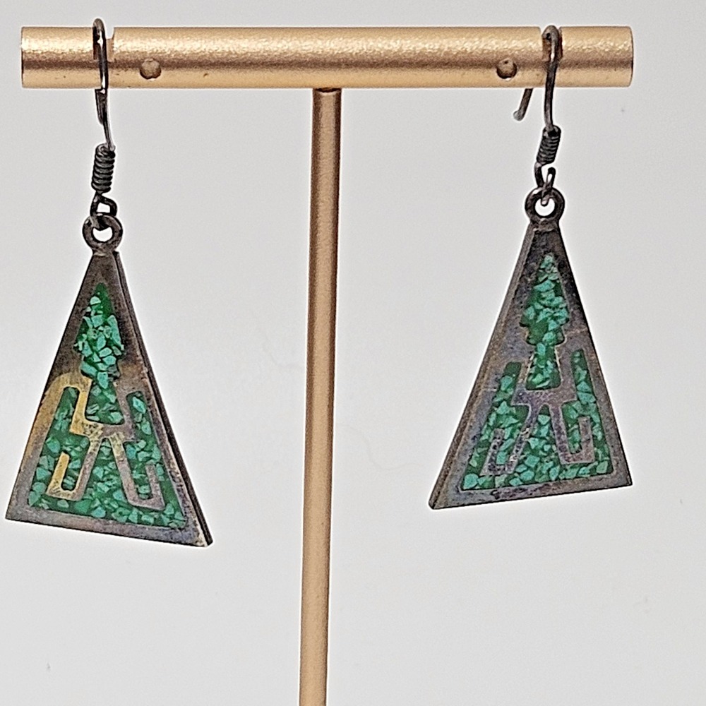 Taxco Mexico Green Inlay Stone Earrings Sterling Silver 925 Dangle Geometric 13g